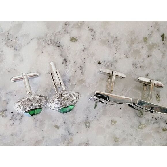 Cuff Links Lot Of 4 Bowling Pins Faux Emerald Etc Vintage Gold & Silver Tone - Picture 5 of 9